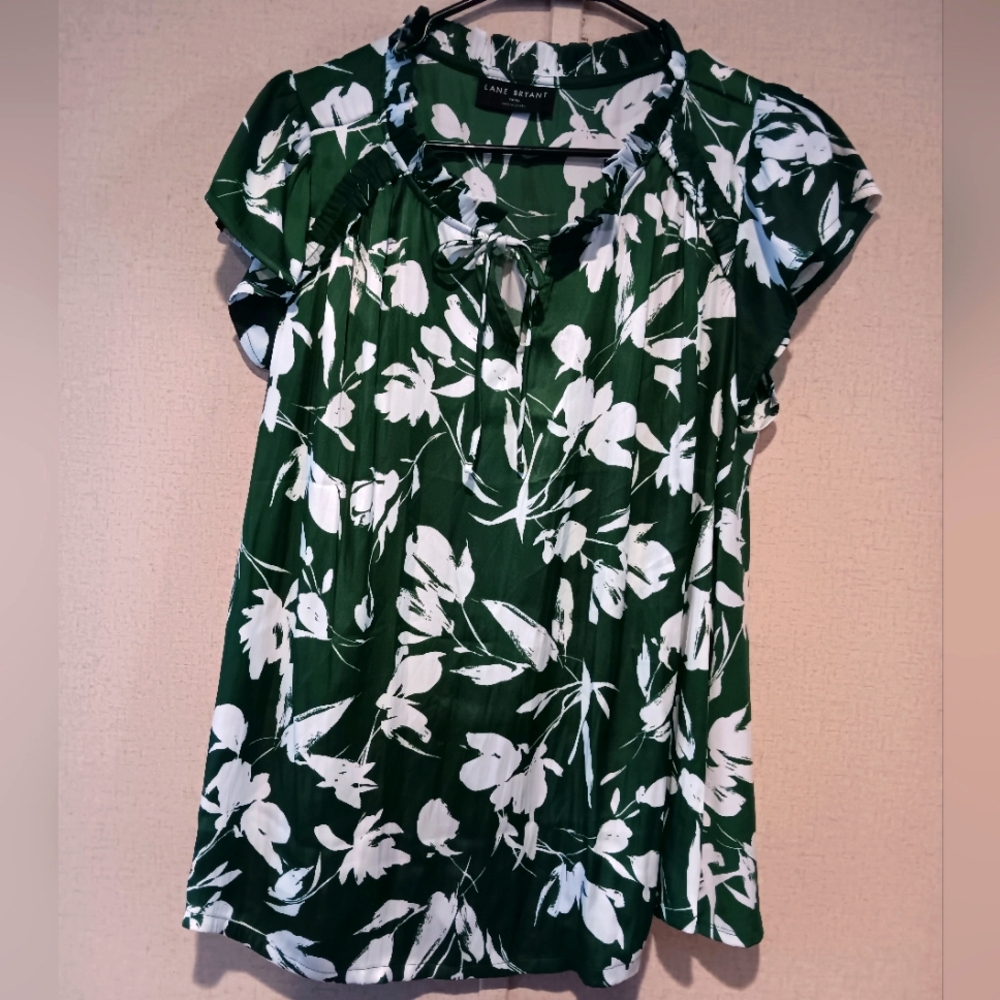 Lane Bryant Green and White Floral Blouse